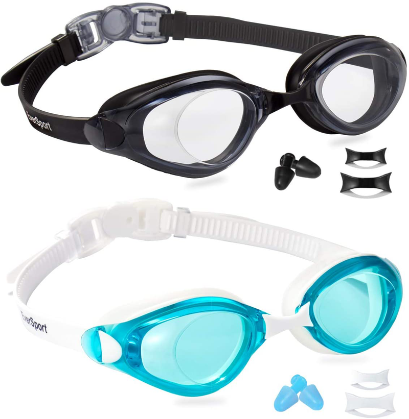 EverSport Swim Goggles Pack of 2 Swimming Goggles Anti Fog for Adult Men Women Youth Kids Sporting Goods > Outdoor Recreation > Boating & Water Sports > Swimming > Swim Goggles & Masks EverSport Light Blue & Black With Light Grey Lens  