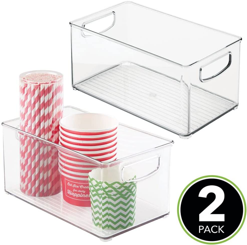 Mdesign Plastic Organizer Bin W/Handles for Kitchen, Pantry Shelf Organization; Cabinet, Refrigerator, Freezer, Fridge, Food Storage for Fruit, Yogurt, Snacks, Dry Pasta - 6" Wide - 2 Pack - Clear