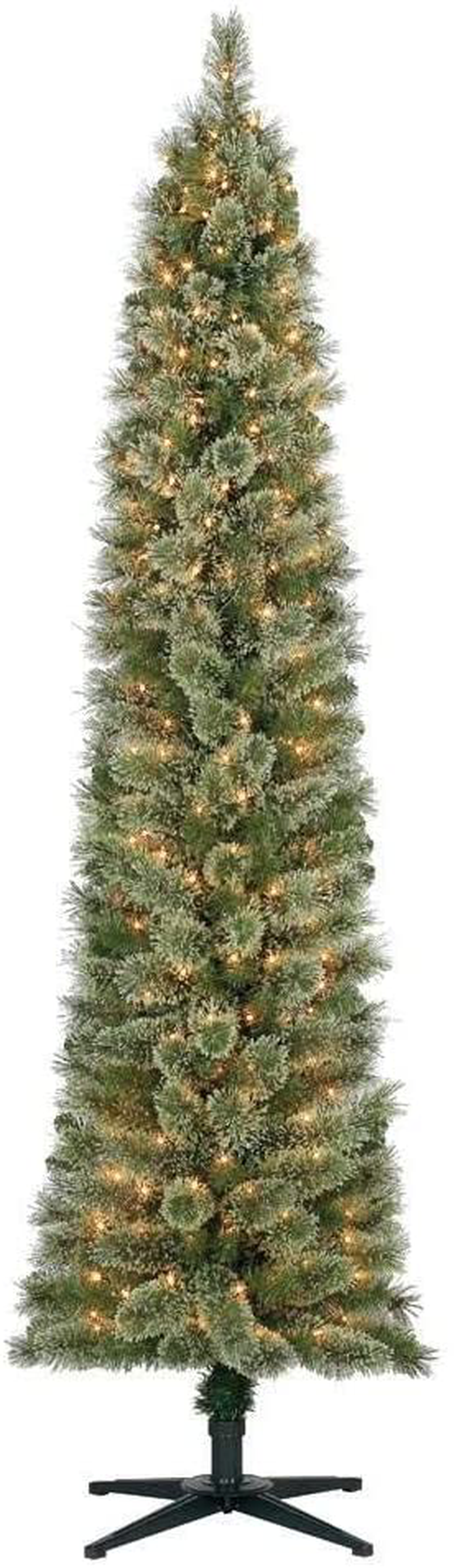 Home Heritage 7 Foot Pre-Lit Skinny Artificial Stanley Pencil Pine Christmas Tree with Clear White Lights, Foldable Stand and Easy Assembly Home & Garden > Decor > Seasonal & Holiday Decorations > Christmas Tree Stands Home Heritage Clear Lights 7 Foot 