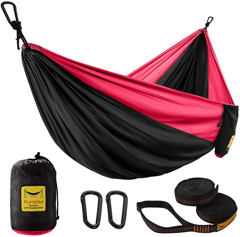 Puroma Camping Hammock Single & Double Portable Hammock Ultralight Nylon Parachute Hammocks with 2 Hanging Straps for Backpacking, Travel, Beach, Camping, Hiking, Backyard Home & Garden > Lawn & Garden > Outdoor Living > Hammocks Puroma Black & Red Large 