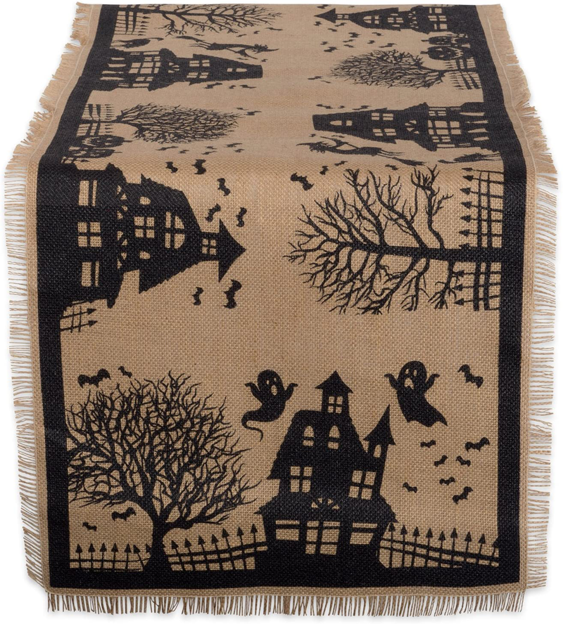 DII 14x74" Jute/Burlap Table Runner, Haunted House - Perfect for Halloween, Dinner Parties and Scary Movie Nights