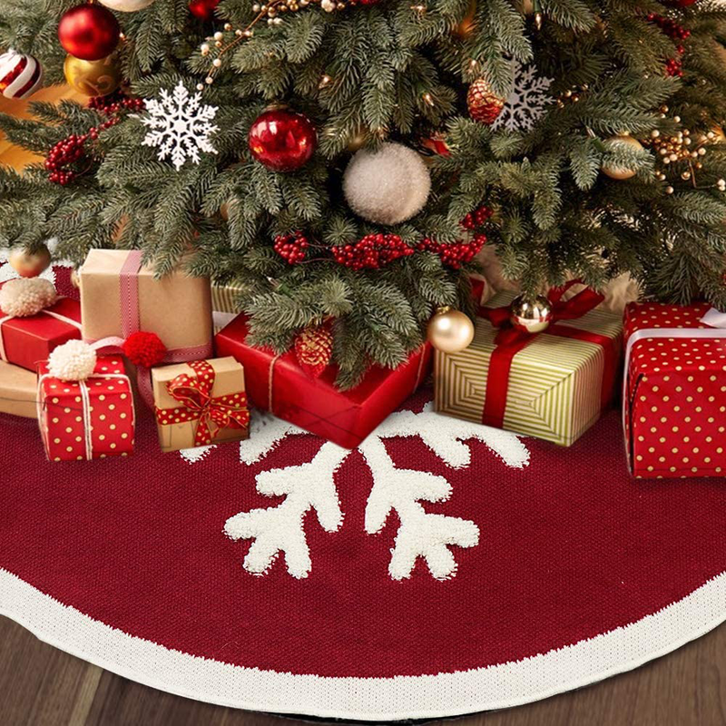 LimBridge Knitted Christmas Tree Skirt, 48 Inches Knitted Christmas Decorations, Wine Red Heavy Yarn Xmas Holiday Decoration with White Snowflakes, Burgundy and Cream Home & Garden > Decor > Seasonal & Holiday Decorations > Christmas Tree Skirts LimBridge   