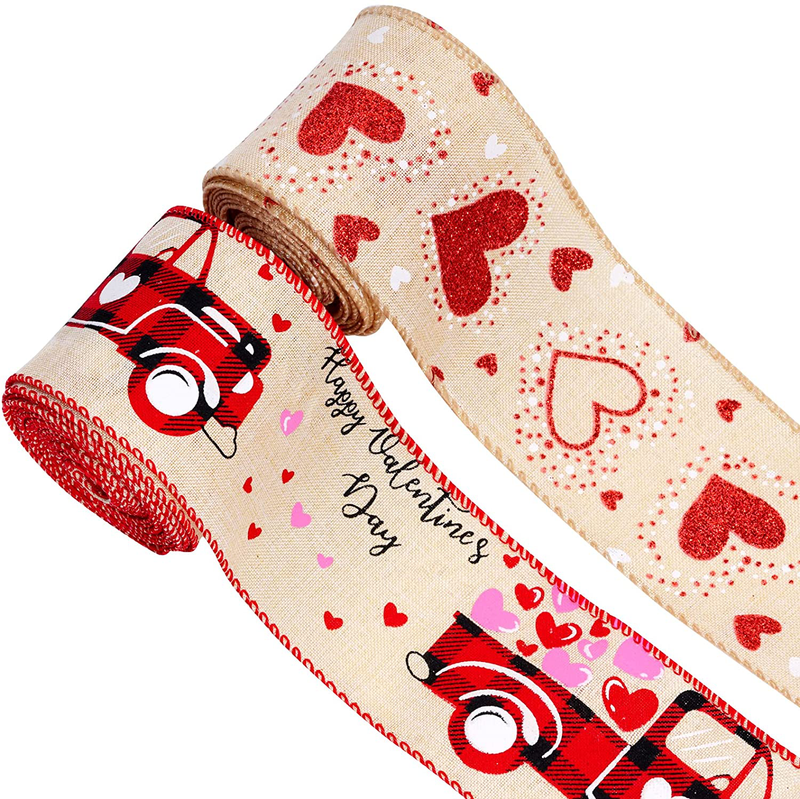 Dxhycc 2 Rolls Valentine'S Day Wired Edge Ribbon Vintage Happy Valentine'S Day Truck Ribbon Love Red Heart Ribbons for Gift Wrapping Wedding Decoration DIY Crafts, 2.5 Inch Home & Garden > Decor > Seasonal & Holiday Decorations Dxhycc   