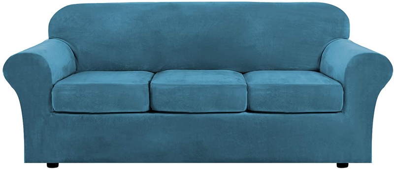Modern Velvet Plush 4 Piece High Stretch Sofa Slipcover Strap Sofa Cover Furniture Protector Form Fit Luxury Thick Velvet Sofa Cover for 3 Cushion Couch, Machine Washable(Sofa,Peacock Blue) Home & Garden > Decor > Chair & Sofa Cushions H.VERSAILTEX Peacock Blue Large 