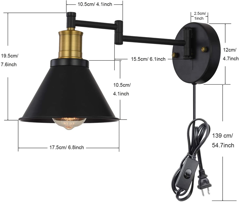 Swing Arm Wall Lights Fixtures with Plug in Cord Wall Sconce with Switch, Black and Bronze Finsh, Wall Mounted Industrial Lamp for Bedroom, Living Room (2-Pack) Home & Garden > Lighting > Lighting Fixtures > Wall Light Fixtures ANBRITE   