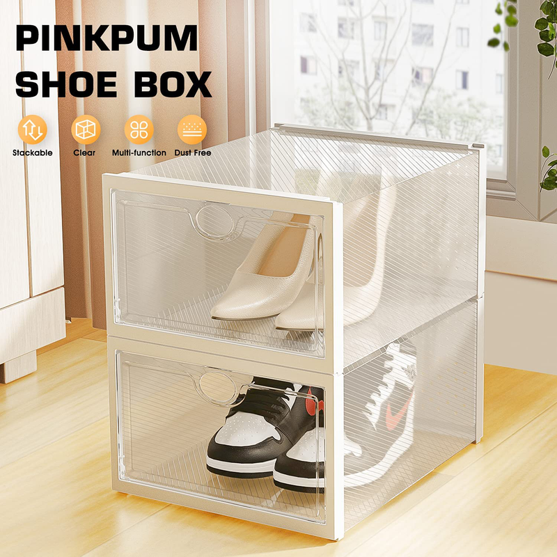 Pinkpum Stackable Shoe Box, 12 Pack Large Clear Plastic Shoe Storage Foldable Sneaker Storage Fit for Size 12 Furniture > Cabinets & Storage > Armoires & Wardrobes PINKPUM   