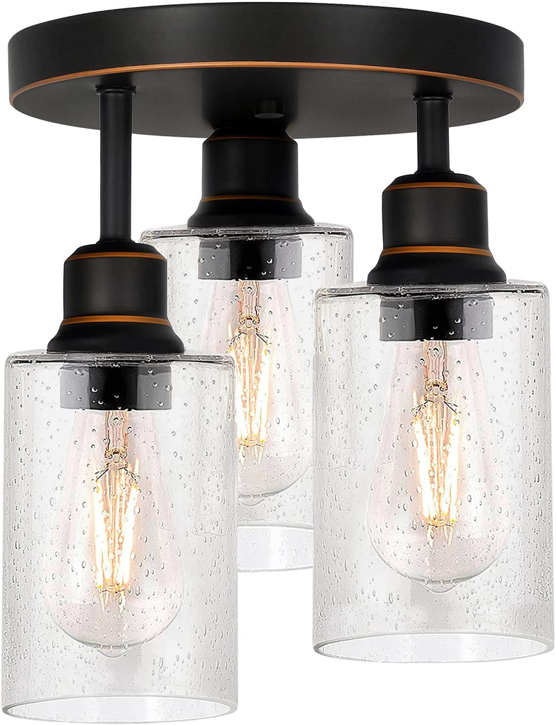Hykolity 3-Light Semi Flush Mount Ceiling Light, 9 Inch Vintage Oil Rubbed Bronze Lighting Fixtures with Seeded Glass Shades for Kitchen, Entrance Way and Hallway, ETL Listed Home & Garden > Lighting > Lighting Fixtures > Ceiling Light Fixtures KOL DEALS   