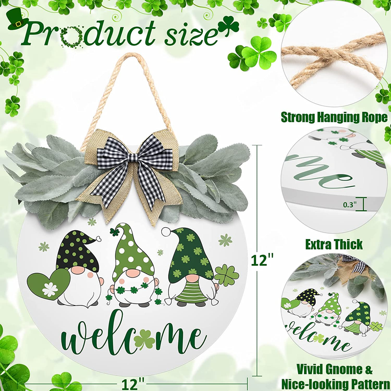 St Patrick'S Day Wreath for Front Door Decor Welcome Sign Shamrock Gnomes Pattern Hanging Door Sign with Greenery & Bow Wooden round St Patricks Day Decoration for the Home Farmhouse Decor 12X12 Inch Arts & Entertainment > Party & Celebration > Party Supplies Asoulin   