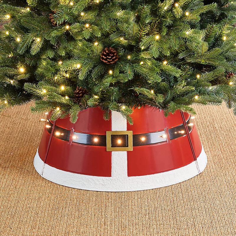 Glitzhome 22" D Red Metal Santa Belt Tree Collar, Decorative Tree Stand Cover Tree Ring with String Light for Christmas Decor