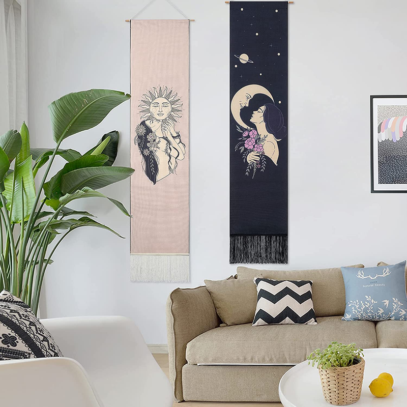 Sun and Moon Tapestry Wall Hanging ,Aesthetic Mysterious Art Moon Long Bohemian Tapestries for Living Room/Bedroom