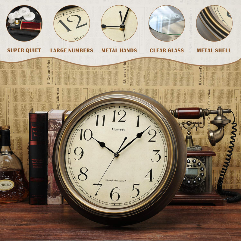 Plumeet Large Retro Wall Clock - 13'' Non Ticking Classic Silent Metal Clocks Decorative Kitchen Living Room Bedroom - Battery Operated (13'', Bronze) Home & Garden > Decor > Clocks > Wall Clocks Plumeet   