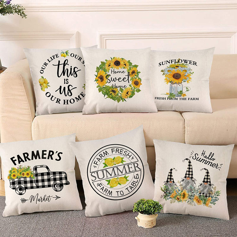DFXSZ Summer Pillow Covers 18x18，Summer Decorations， Farmhouse Pillow Covers，Sunflower Truck Buffalo Dwarf Garland Flower Throw，Linen Cushion Case for Summer Home Decor