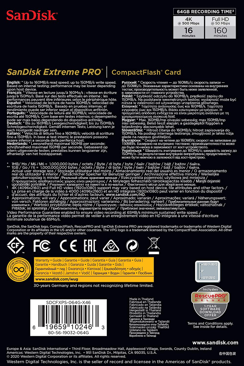 SanDisk Extreme PRO 64GB Compact Flash Memory Card UDMA 7 Speed Up To 160MB/s - SDCFXPS-064G-X46 Electronics > Electronics Accessories > Memory > Flash Memory > Flash Memory Cards SanDisk   