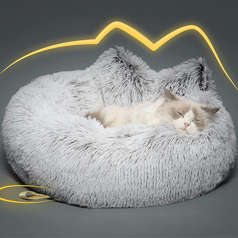 Lazy Rabbit Upgrade Cat Bed+Blanket for Indoor Cats, Fluffy Calming Self Warming round Cushion（20 Inch, 24 Inch , Machine Washable, Non-Slip, Gradual Color Animals & Pet Supplies > Pet Supplies > Cat Supplies > Cat Beds Lazy Rabbit Gradual white gray 24 inch bed only 