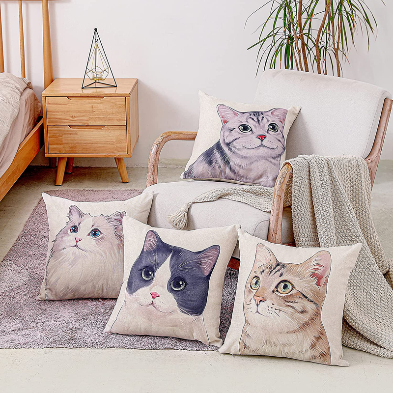 FURUIE Throw Pillow Covers 18 X 18 Inches, Cute Decorative Cartoon Linen Cotton Pillow Cushion Covers for Couch Sofa Bed Chair Car, Pillowcases Set of 4 (Cat) Home & Garden > Decor > Chair & Sofa Cushions FURUIE   