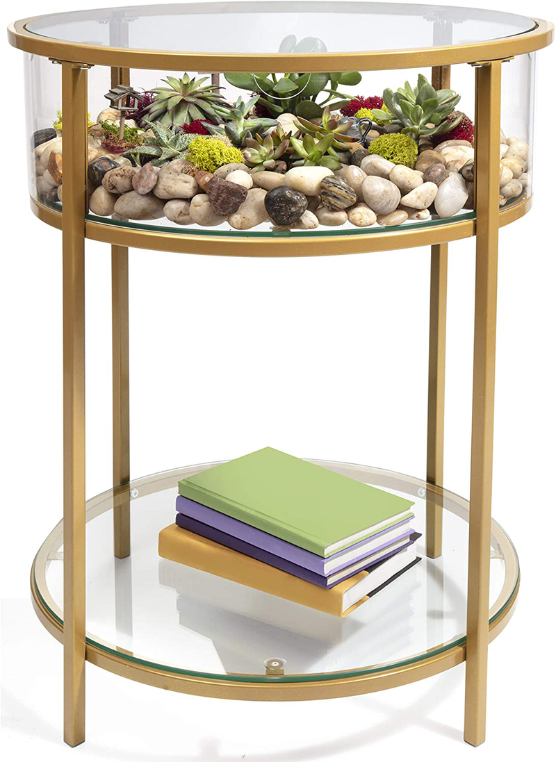 Square Terrarium Display End Table with Reinforced Glass in Gold Iron- 18" L x 18" W x 27" H- Great Indoor Decor for Home or Office- DIY Garden for Fern Moss Succulents- Holiday Wedding Gift Animals & Pet Supplies > Pet Supplies > Reptile & Amphibian Supplies > Reptile & Amphibian Habitats D'Eco Round  