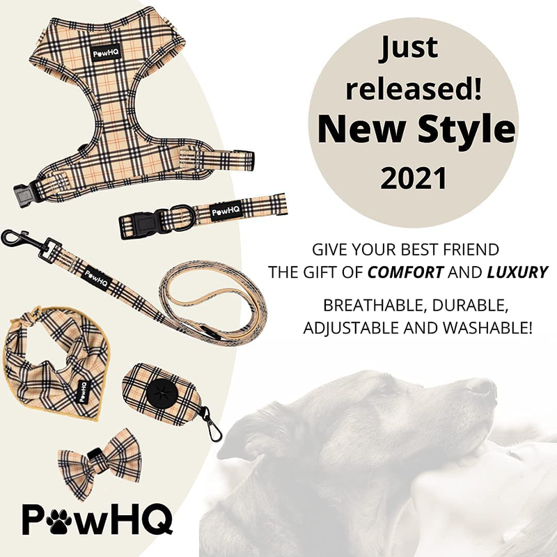 PawHQ 6 Piece Set Dog Harness Collar Leash Bandana Bow Tie Poop Bag Dispenser Holder for Small Medium Dogs Cats Pets and Puppy Starter Kit Adjustable Vest Dog Accessories Supplies Beige Plaid Pattern Animals & Pet Supplies > Pet Supplies > Cat Supplies > Cat Apparel PawHQ   
