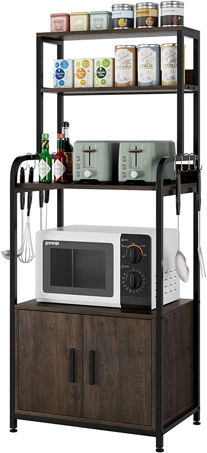Kitchen Baker'S Rack with Hutch and Storage Cabinet, 4-Tier Industrial Kitchen Microwave Oven Stand with 6 S-Hooks, Free Standing Kitchen Pantry Cabinets, Easy Assembly, Rustic Brown Home & Garden > Kitchen & Dining > Food Storage URKNO Dark Brown  