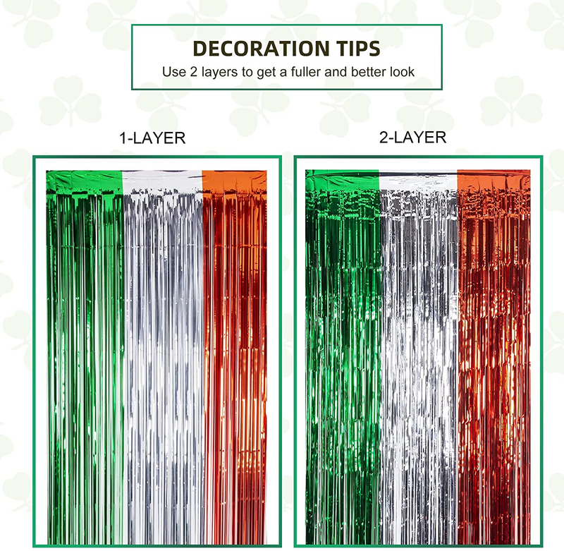 Lolstar 3 Pack St. Patrick'S Day Foil Fringe Curtains St Patricks Day Party Decoration 3.3X8.2 Ft Green White Orange Tinsel Fringe Curtain Photo Booth Prop Streamer Backdrop for Irish Party Decoration