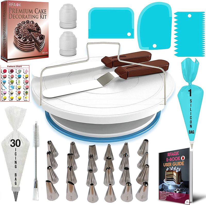 RFAQK Cake decorating supplies with Cake Turntable-Cake leveler- 24 Numbered Icing Piping Tips with Pattern Chart and EBook- Straight & Angled Spatula-30 Icings Bags- 3 Icing Comb Scraper set Home & Garden > Kitchen & Dining > Kitchen Tools & Utensils > Cake Decorating Supplies RFAQK Default Title  