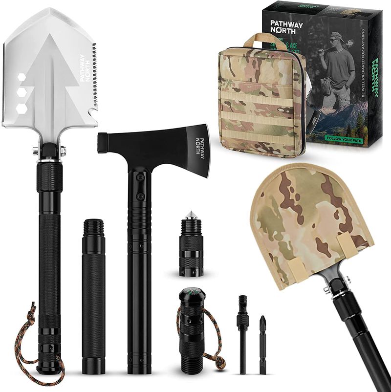 Pathway North Survival Shovel and Camping Axe Stainless Steel Multi-Tool and Survival Hatchet – Equipment for Outdoor, Hiking, Hunting, Emergency, Backpacking (Black) Sporting Goods > Outdoor Recreation > Camping & Hiking > Camping Tools PATHWAY NORTH Black  