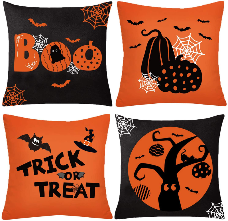 Ivenf Halloween Decoration 18x18 Throw Pillow Cover 4pcs, Orange and Black Pumpkins Bats Boo Decorative Pillow Covers, Halloween Cushion Covers for Home Office Couch Sofa Bed Arts & Entertainment > Party & Celebration > Party Supplies Ivenf Default Title  