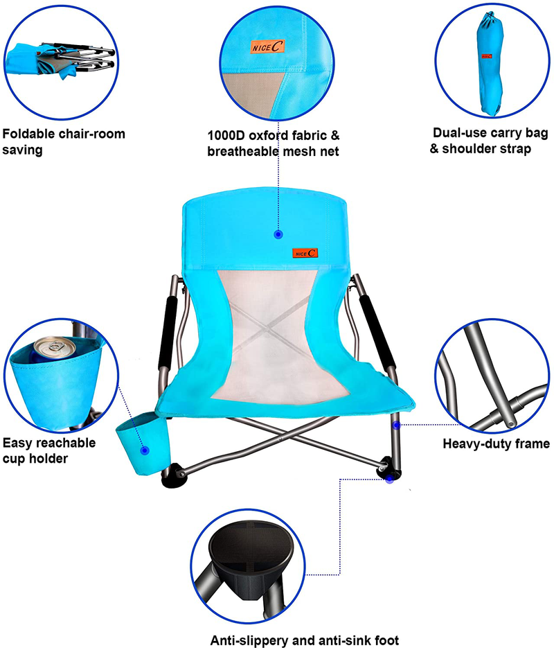 Nice C Low Beach Camping Folding Chair, Ultralight Backpacking Chair with Cup Holder & Carry Bag Compact & Heavy Duty Outdoor, Camping, BBQ, Beach, Travel, Picnic, Festival (2 Pack of Blue) Sporting Goods > Outdoor Recreation > Camping & Hiking > Camp Furniture Nice C   