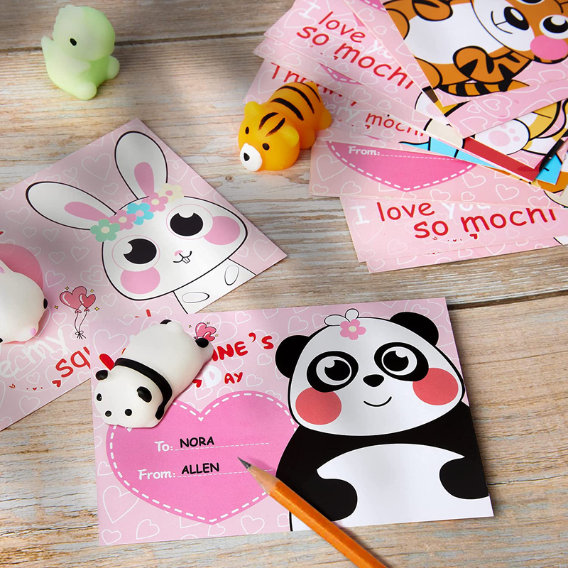 HOOJO 36 Pack Valentines Day Gifts for Kids, Valentines Gifts for Kids Girls and Boys, with 36 PCS Mochi Squishy and 12 Valentines Days Card, Valentines Party Favors for Kids