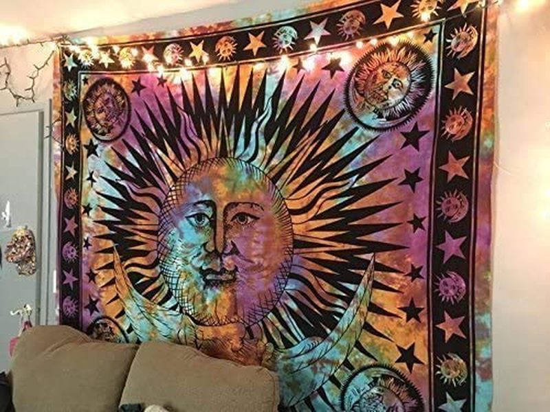 Hippie Mandala Sun and Moon Maditation Tapestry Wall Hanging - Psychedelic Celestial Indian Gypsy Hippy Bohemian Popular Mystic Tie dye Beach Blanket Multicolor Home & Garden > Decor > Artwork > Decorative Tapestries Popular Handicrafts Multi Full (215x230)cms 