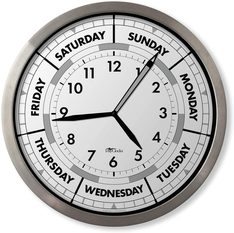 DayClocks Time & Day-of-The-Week Wall Clock with Solid Wood Frame – Weekly Analog Clock with Days, Hours & Minutes – Quiet Wall Mounted Clock - Ideal Retirement Gift for Men & Women Home & Garden > Decor > Clocks > Wall Clocks DayClocks Aluminium - 12"  