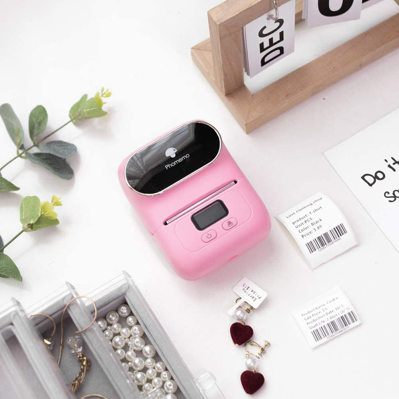 Phomemo-M110 Label Printer- Portable Mini Bluetooth Thermal Label Maker Apply to Labeling, Office, Cable, Retail, Barcode and More, Compatible with Android & iOS System, with 1 40×30mm Label, Pink