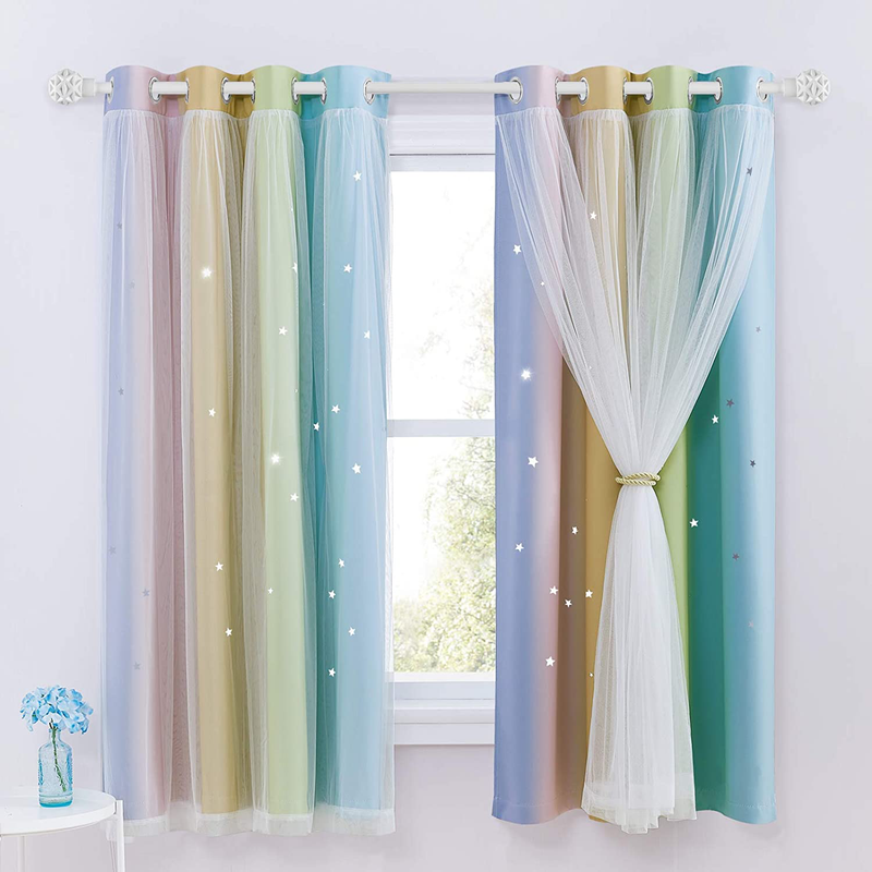 NICETOWN Kids Room Decor for Girls, White Gauze & Blackout Drapes Assembled, Mix & Match Star Cut Curtain Panels with Versatile Styling Options (Teal & Purple, Each is W52 x L84, Sold by 2 PCs) Home & Garden > Decor > Seasonal & Holiday Decorations NICETOWN Rainbow-3 W52 x L63 