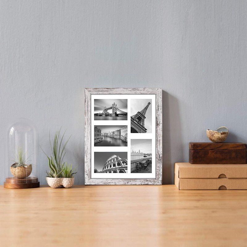 Q.Hou 11x14 Picture Frames Wood Patten Distressed White Set of 2, Each Frame with 2 Mats,Display 8x10 or Five 4x6 Photos with Mat & 11x14 Picture Without Mat for Wall Mount (QH-PF11X14-RW) Home & Garden > Decor > Picture Frames Q.Hou   