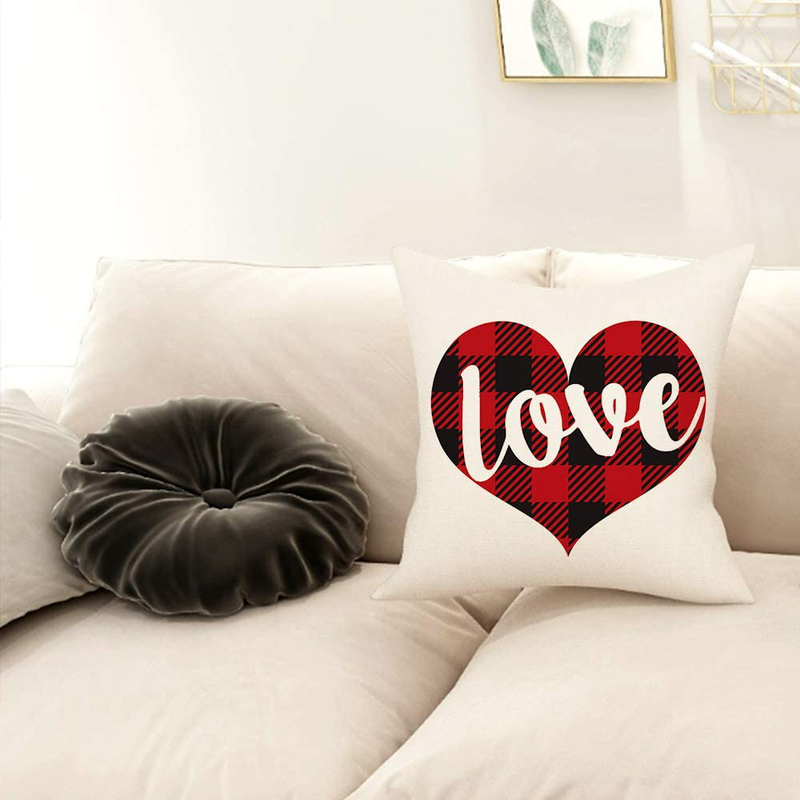 FIBEROMANCE Valentines Red and Black Buffalo Check Plaid Love Pillow Covers Decorative Cushion Case for Sofa Couch Bedroom Spring Home Decor Cotton Pillowcase 18 X 18 Inch Home & Garden > Decor > Chair & Sofa Cushions FIBEROMANCE   