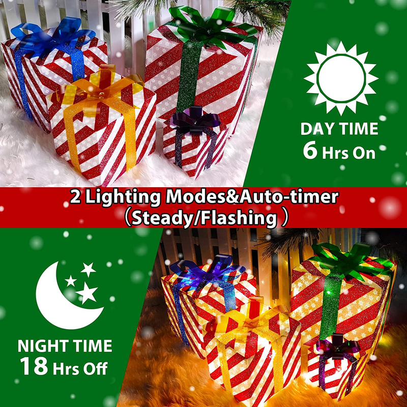 Set of 4 Christmas Lighted Gift Boxes Decorations with 70 LED Timer 2 Modes Battery Operated Different Size Snowflakes Present Box for Christmas Tree Decor Xmas Yard Home Outdoor Indoor Holiday Party