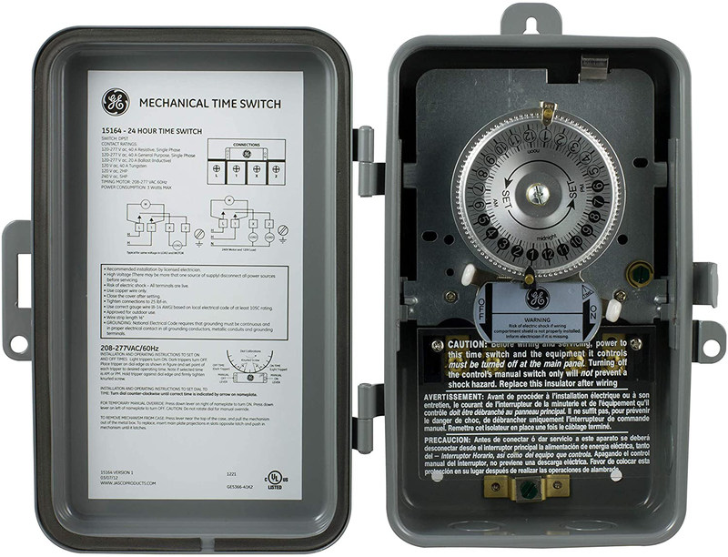 GE 24-Hour Indoor/ Outdoor Mechanical Time Switch, 40 Amp 120 Vac 5Hp Box Timer, Single Pole Single Throw, Nema 3-Rated Metal Tamper Resistant Enclosure, For Fans, Pumps, Air, & Heating, 15163, Indoor/Outdoor 120VAC