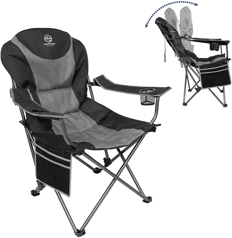 Coastrail Outdoor Reclining Camping Chair 3 Position Folding Lawn Chair for Adults Padded Comfort Camp Chair with Cup Holders, Head Bag and Side Pockets, Supports 350Lbs, Blue&Grey Sporting Goods > Outdoor Recreation > Camping & Hiking > Camp Furniture Coastrail Outdoor Black&grey  