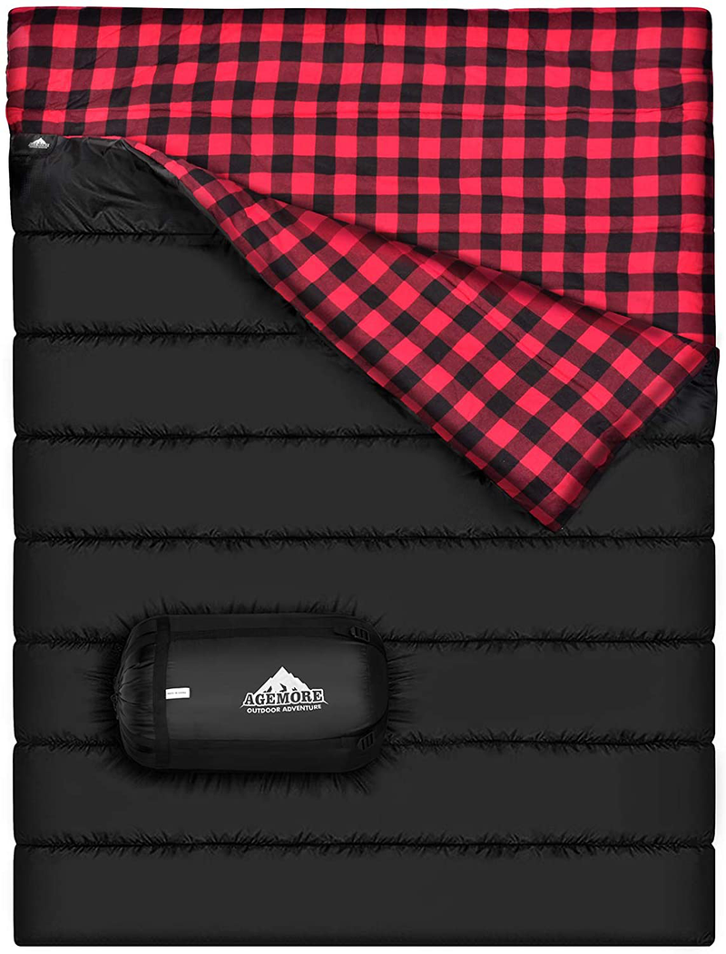 Cotton Flannel Double Sleeping Bag for Camping, Backpacking, or Hiking. Queen Size 2 Person Waterproof Sleeping Bag for Adults or Teens. Truck, Tent, or Sleeping Pad, Lightweight（Pillows NOT Include） Sporting Goods > Outdoor Recreation > Camping & Hiking > Sleeping Bags AGEMORE Black/ Red  