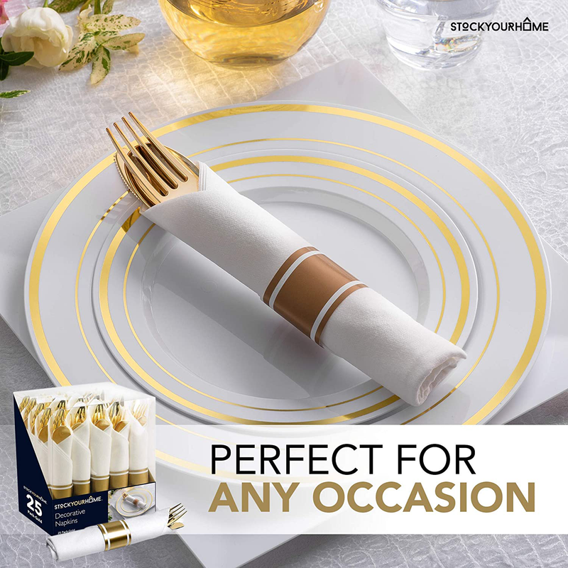 Pre Rolled Napkin and Cutlery Set 25 Pack Disposable Silverware for Catering Events, Parties, and Weddings (Gold)