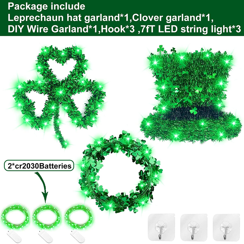 St.Patrick'S Day Decorations Lights Prelit 3Pack Tinsel Shamrocks St.Patrick'S Day Wreath String Lights 20 Led Battery Operated Leprechaun Hat Wire Garland Irish St.Patrick Decor Indoor Home Outdoor