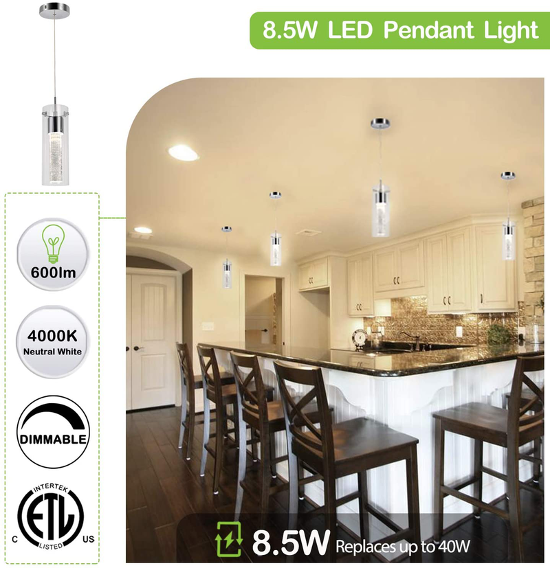 Hykolity Pendant Light, 1-Light Integrated LED Kitchen Lighting, 8.5W (40 Watt Equivalent), CRI 90+, 640lm Premium Bubble Glass with Chromed Finished, ETL Listed