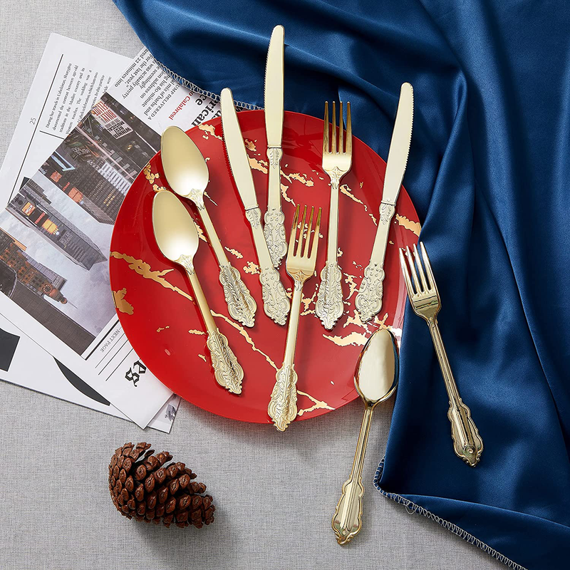 N9R 300pcs Gold Plastic Silverware Dinnerware Flatware- Heavyweight Gold Plastic Cutlery Set, 100 Gold Forks, 100 Gold Spoons, 100 Gold Knives, Gold Utensils for Party, Dinner Decor Home & Garden > Kitchen & Dining > Tableware > Flatware > Flatware Sets N9R   