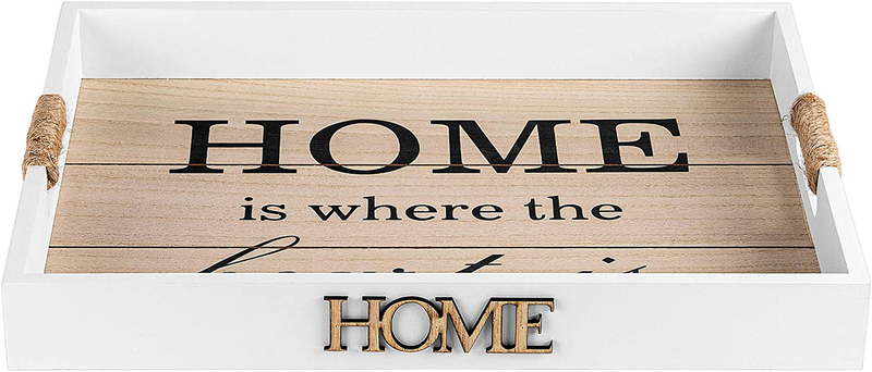 Hendson Serving Tray - Home is Where The Heart is - Wooden Decorative Tray for Ottoman Coffee Table - 16"X12" - Home Sign White Farmhouse Tray with Handles for Living Room, Kitchen
