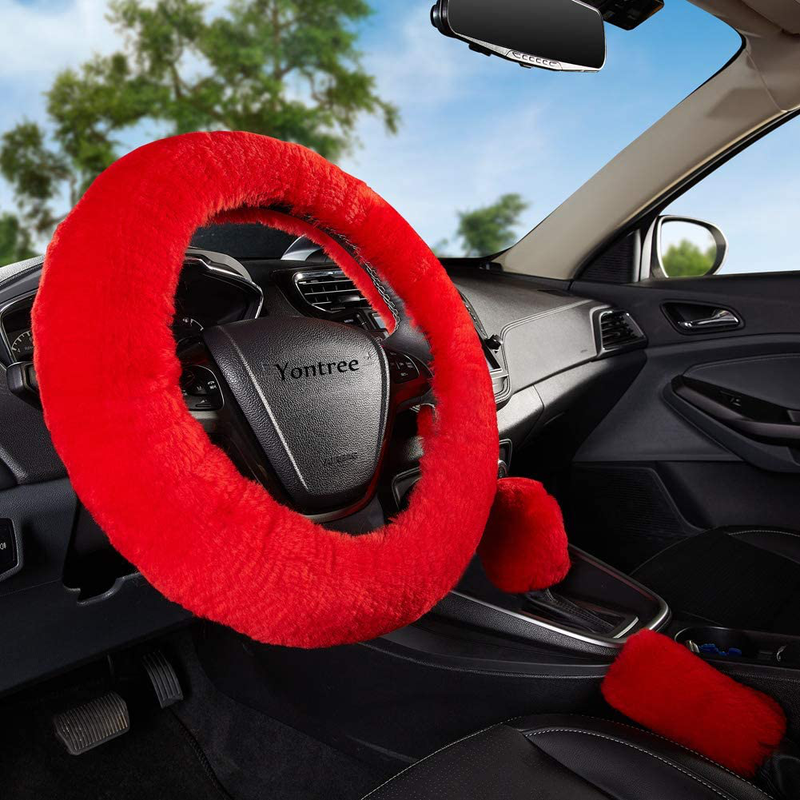 Yontree Fashion Fluffy Steering Wheel Covers for Women/Girls/Ladies Australia Pure Wool 15 Inch 1 Set 3 Pcs (Black) Vehicles & Parts > Vehicle Parts & Accessories > Vehicle Maintenance, Care & Decor > Vehicle Decor > Vehicle Steering Wheel Covers Yontree Red Short Hair 