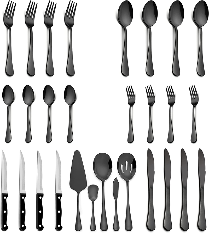 LIANYU 53-Piece Silverware Set with Steak Knives and Serving Utensils, Stainless Steel Flatware Cutlery Set Service for 8, Eating Utensil Set for Home Party Wedding, Dishwasher Safe, Mirror Finished Home & Garden > Kitchen & Dining > Tableware > Flatware > Flatware Sets LIANYU Black 29 