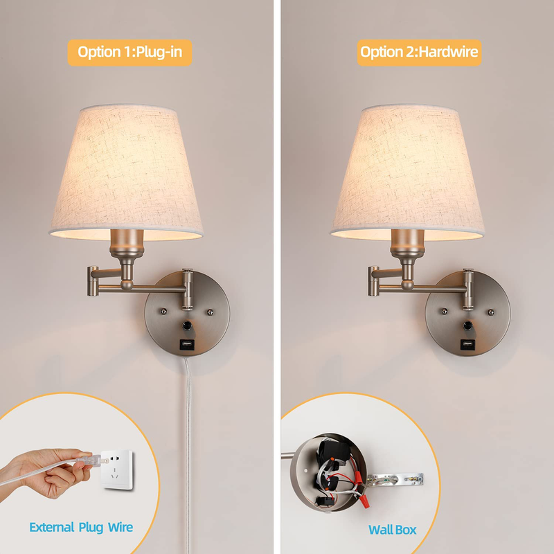Swing Arm Wall Lamp 9.5 Inch Increase,Modern Indoor Plug in Wall Sconces, with Dimmable Switch and USB Charging Port Wall Light for Bedside House Reading Living Room Home