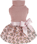 Fitwarm Leopard Dog Dress Lightweight Knitted Pet Clothes with Bowknot Doggie Turtleneck Tutu Puppy Girl One-Piece Doggy Outfits Cat Apparel