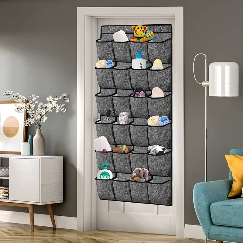 Over the Door Shoe Organizer,Hanging Shoe Rack Holder with 24 Extra Large Fabric Pockets for Storage Men Sneakers,Women High Heeled Shoes,Slippers Linen-Like with Black Printing 61.4''X22'' Furniture > Cabinets & Storage > Armoires & Wardrobes homyfort   
