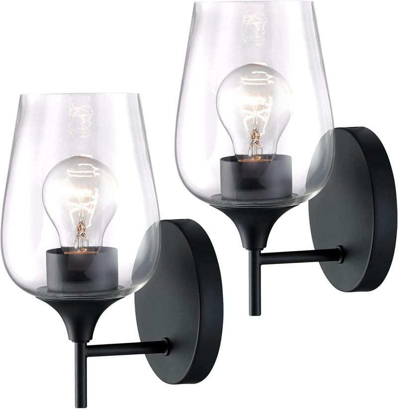 Hamilyeah Black Wall Sconces Set of Two, Farmhouse Sconces Wall Lighting Hardwired, Bathroom Vanity Lighting with Clear Champagne Glass Shade, Indoor Wall Lamp for Kitchen Stairway Living Room UL Home & Garden > Lighting > Lighting Fixtures > Wall Light Fixtures KOL DEALS   