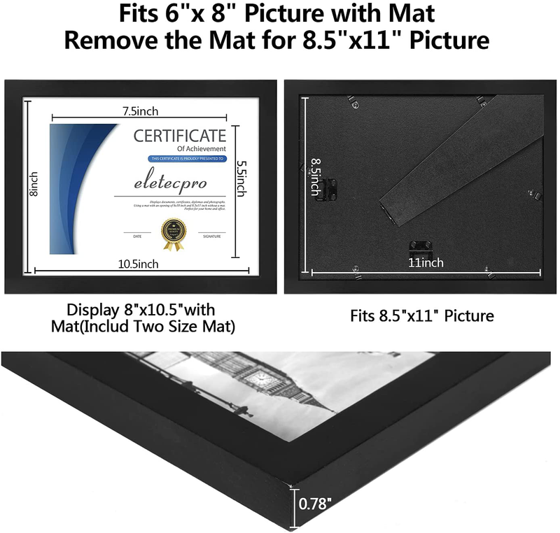 eletecpro 8.5x11 Diploma Certificate Frame, Picture Frame Made of Solid Wood and Tempered Glass with Mats - Display 5x7/6x8 With Mat and 8.5x11 Without Mat